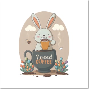 I Need Coffee - Funny Easter Bunny Floral Egg Hunting Coffee Lover Posters and Art